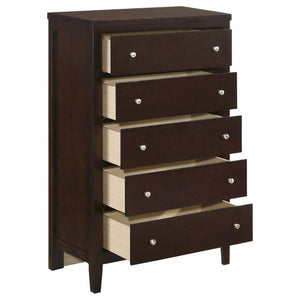 English Elm Payton Cappuccino Five Drawer Tall Chest with Brushed Silver Hardware for Bedroom B2777P536471