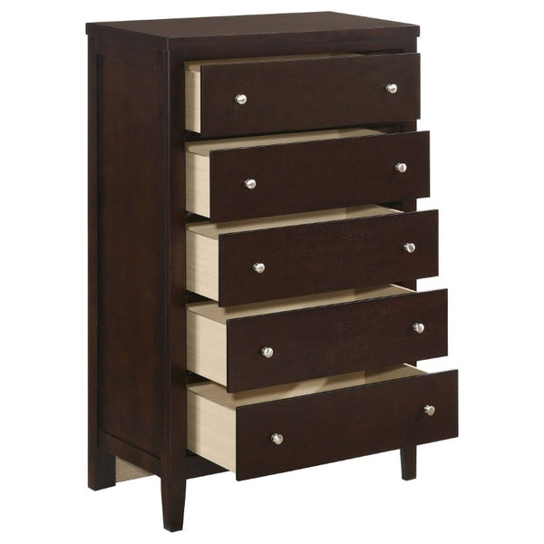 English Elm Payton Cappuccino Five Drawer Tall Chest with Brushed Silver Hardware for Bedroom B2777P536471