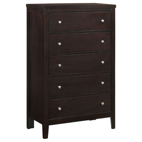 English Elm Payton Cappuccino Five Drawer Tall Chest with Brushed Silver Hardware for Bedroom B2777P536471