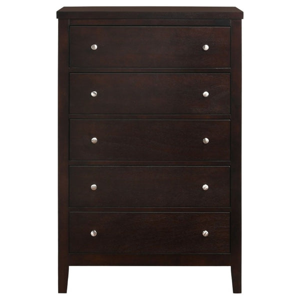English Elm Payton Cappuccino Five Drawer Tall Chest with Brushed Silver Hardware for Bedroom B2777P536471