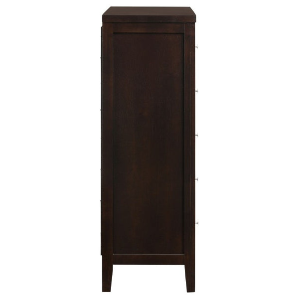 English Elm Payton Cappuccino Five Drawer Tall Chest with Brushed Silver Hardware for Bedroom B2777P536471