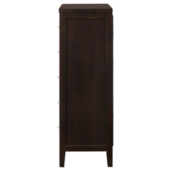 English Elm Payton Cappuccino Five Drawer Tall Chest with Brushed Silver Hardware for Bedroom B2777P536471