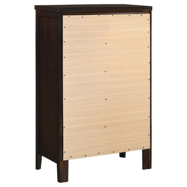 English Elm Payton Cappuccino Five Drawer Tall Chest with Brushed Silver Hardware for Bedroom B2777P536471