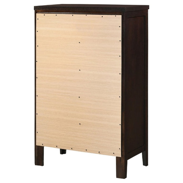 English Elm Payton Cappuccino Five Drawer Tall Chest with Brushed Silver Hardware for Bedroom B2777P536471