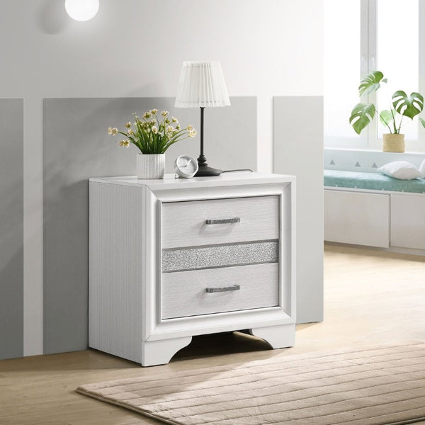 English Elm White Glam Nightstand with Rhinestone Pulls Hidden Jewelry Tray and Two Drawers B2777P536475