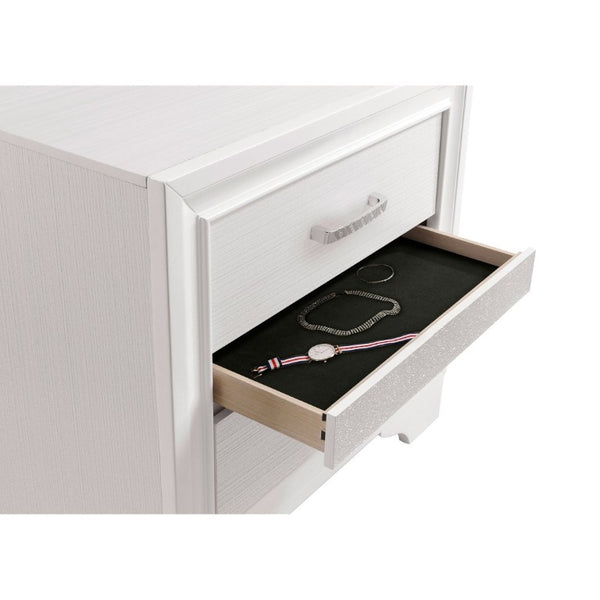 English Elm White Glam Nightstand with Rhinestone Pulls Hidden Jewelry Tray and Two Drawers B2777P536475