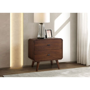 English Elm Dark Walnut Two Drawer Nightstand Mid Century Modern Bedside with Gunmetal Pulls B2777P536476