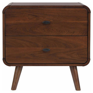English Elm Dark Walnut Two Drawer Nightstand Mid Century Modern Bedside with Gunmetal Pulls B2777P536476