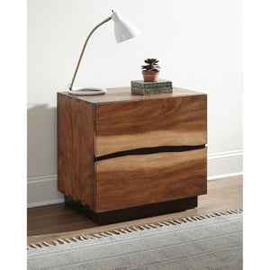 English Elm Smokey Walnut Two Tone Mahogany Nightstand with Raw Edge Drawers for Modern Bedrooms B2777P536483
