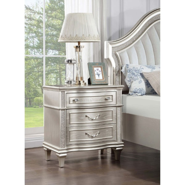 English Elm Evangeline 3-Drawer Nightstand Silver Oak Veneer with Tapered Legs Hexagonal Hardware B2777P536484