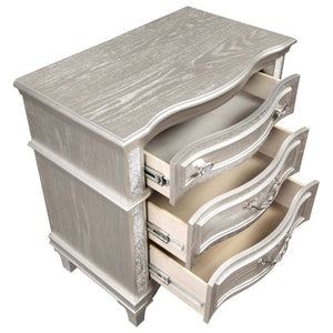 English Elm Evangeline 3-Drawer Nightstand Silver Oak Veneer with Tapered Legs Hexagonal Hardware B2777P536484