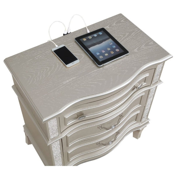 English Elm Evangeline 3-Drawer Nightstand Silver Oak Veneer with Tapered Legs Hexagonal Hardware B2777P536484