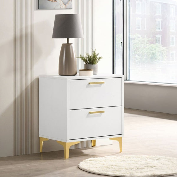 English Elm White Glam Nightstand with Gold Hardware Two Drawer Bedside Storage for Modern Bedroom B2777P536486