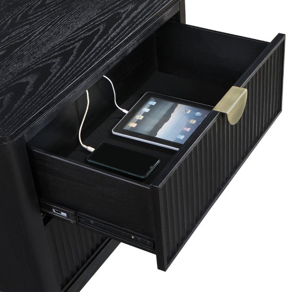 English Elm Mason Fluted Black Nightstand with Gold Handles and Felt Lined Drawer for Bedroom B2777P536487