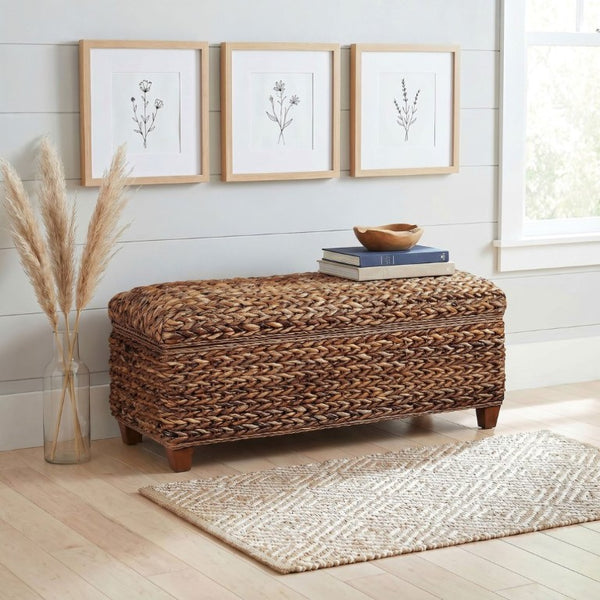 English Elm Amber Banana Leaf Woven Storage Trunk Bohemian Hinged Chest for Living Room B2777P536500