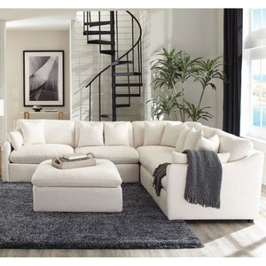 English Elm Hobson Square Ivory Fabric Ottoman Plush Cushioned Seat for Contemporary Living Rooms B2777P536504