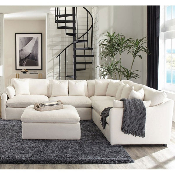 English Elm Hobson Square Ivory Fabric Ottoman Plush Cushioned Seat for Contemporary Living Rooms B2777P536504