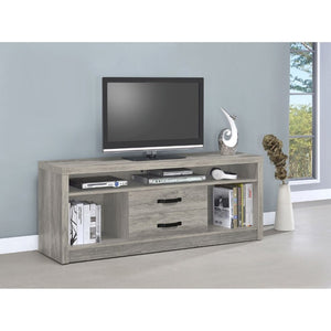 English Elm Bergeron Driftwood Finish Media Console with Two Drawers for Farmhouse Living Rooms B2777P536509