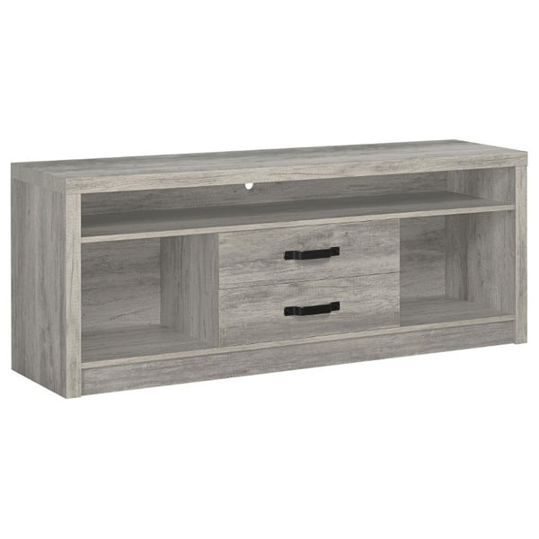 English Elm Bergeron Driftwood Finish Media Console with Two Drawers for Farmhouse Living Rooms B2777P536509