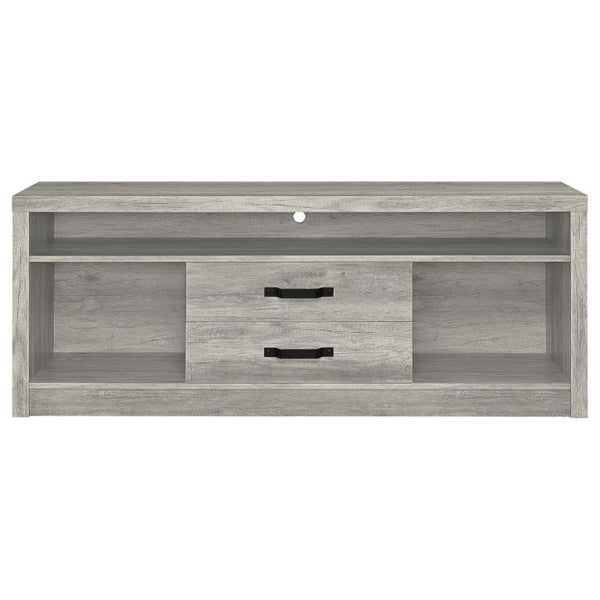 English Elm Bergeron Driftwood Finish Media Console with Two Drawers for Farmhouse Living Rooms B2777P536509