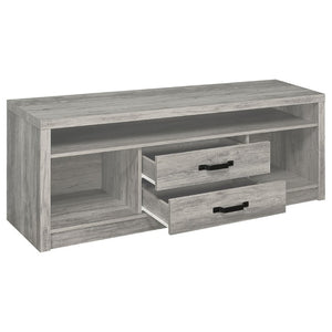 English Elm Bergeron Driftwood Finish Media Console with Two Drawers for Farmhouse Living Rooms B2777P536509