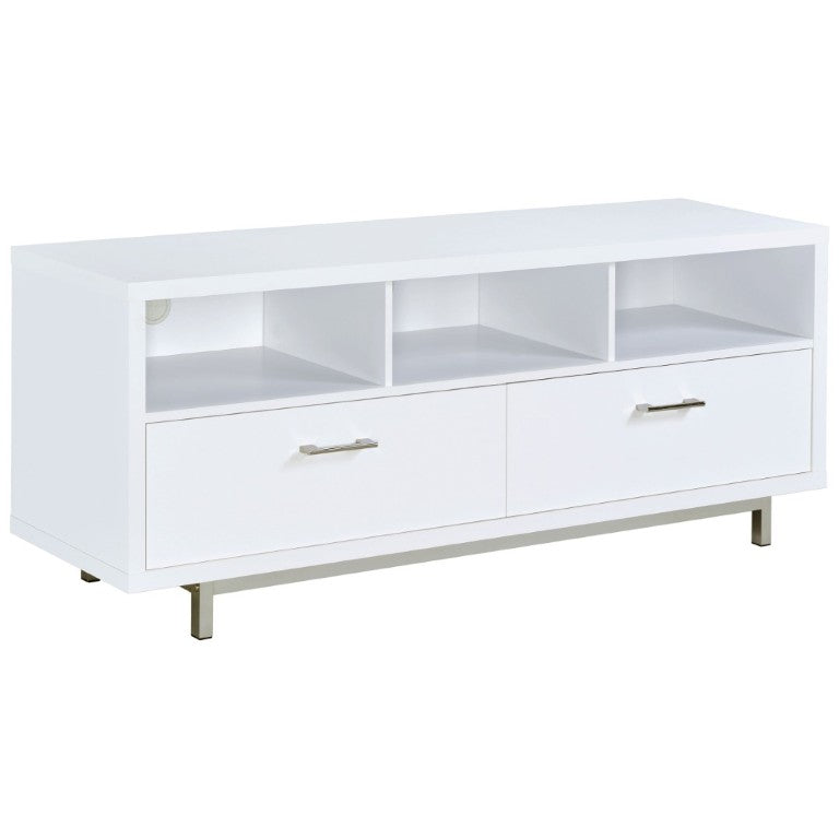 English Elm White Lacquer Media Console with Open Cubbies and Drawers for Modern Living Rooms B2777P536511