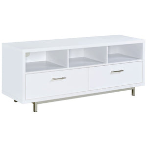 English Elm White Lacquer Media Console with Open Cubbies and Drawers for Modern Living Rooms B2777P536511