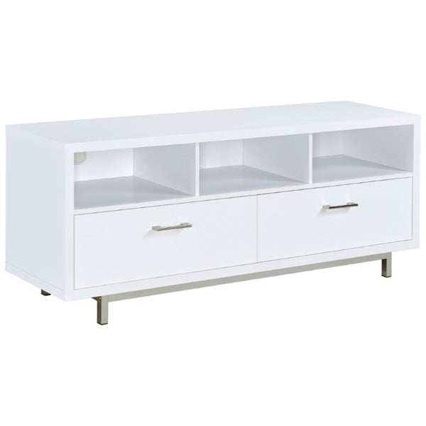 English Elm White Lacquer Media Console with Open Cubbies and Drawers for Modern Living Rooms B2777P536511
