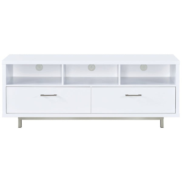 English Elm White Lacquer Media Console with Open Cubbies and Drawers for Modern Living Rooms B2777P536511