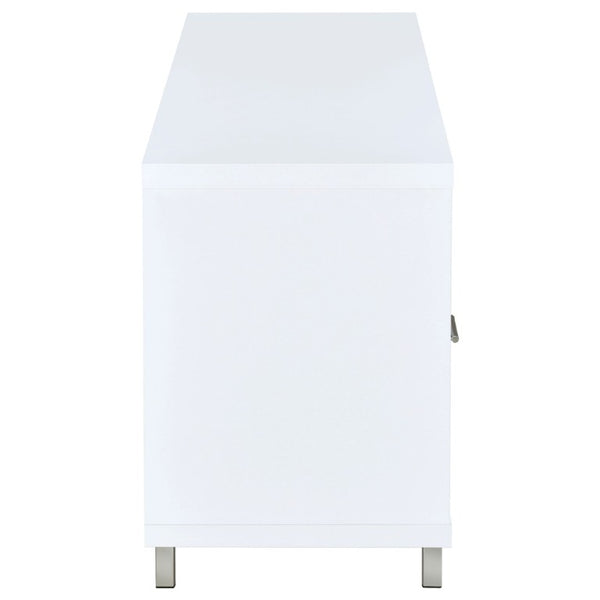 English Elm White Lacquer Media Console with Open Cubbies and Drawers for Modern Living Rooms B2777P536511