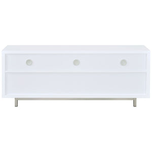 English Elm White Lacquer Media Console with Open Cubbies and Drawers for Modern Living Rooms B2777P536511