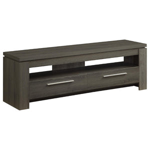 English Elm Weathered Grey 59 Inch TV Console with Two Drawers Open Shelf Farmhouse Storage B2777P536512