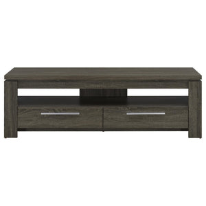 English Elm Weathered Grey 59 Inch TV Console with Two Drawers Open Shelf Farmhouse Storage B2777P536512
