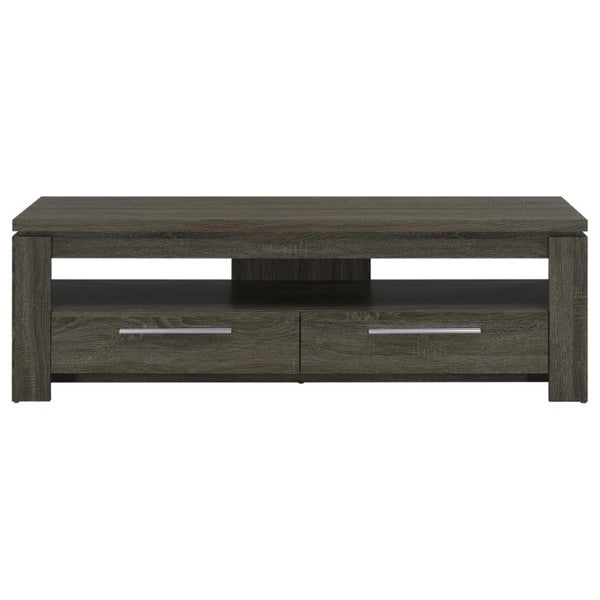 English Elm Weathered Grey 59 Inch TV Console with Two Drawers Open Shelf Farmhouse Storage B2777P536512