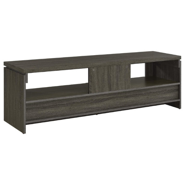 English Elm Weathered Grey 59 Inch TV Console with Two Drawers Open Shelf Farmhouse Storage B2777P536512