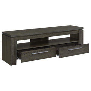 English Elm Weathered Grey 59 Inch TV Console with Two Drawers Open Shelf Farmhouse Storage B2777P536512