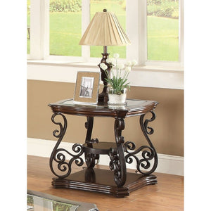 English Elm Bianca Square End Table with Tempered Glass Top Two Shelves and Merlot Wood Finish B2777P536515