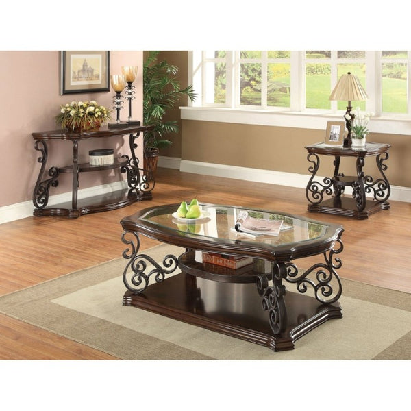 English Elm Bianca Square End Table with Tempered Glass Top Two Shelves and Merlot Wood Finish B2777P536515