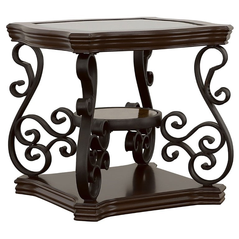 English Elm Bianca Square End Table with Tempered Glass Top Two Shelves and Merlot Wood Finish B2777P536515
