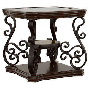 English Elm Bianca Square End Table with Tempered Glass Top Two Shelves and Merlot Wood Finish B2777P536515