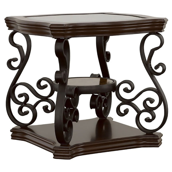 English Elm Bianca Square End Table with Tempered Glass Top Two Shelves and Merlot Wood Finish B2777P536515
