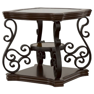 English Elm Bianca Square End Table with Tempered Glass Top Two Shelves and Merlot Wood Finish B2777P536515