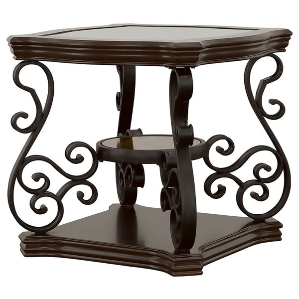 English Elm Bianca Square End Table with Tempered Glass Top Two Shelves and Merlot Wood Finish B2777P536515