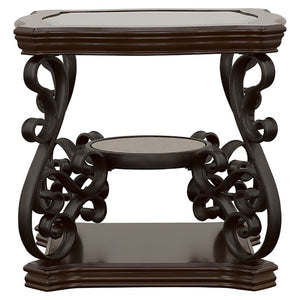 English Elm Bianca Square End Table with Tempered Glass Top Two Shelves and Merlot Wood Finish B2777P536515