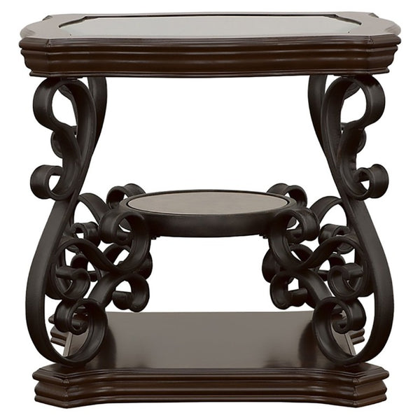 English Elm Bianca Square End Table with Tempered Glass Top Two Shelves and Merlot Wood Finish B2777P536515