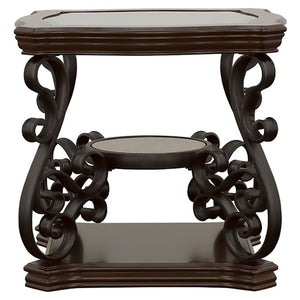English Elm Bianca Square End Table with Tempered Glass Top Two Shelves and Merlot Wood Finish B2777P536515