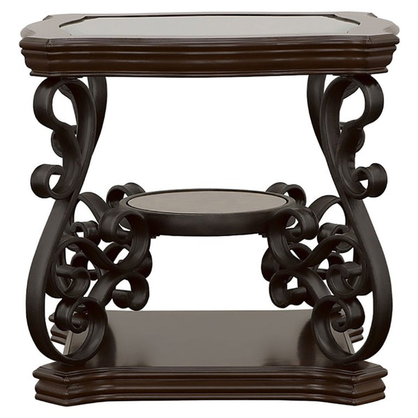 English Elm Bianca Square End Table with Tempered Glass Top Two Shelves and Merlot Wood Finish B2777P536515