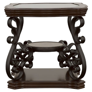 English Elm Bianca Square End Table with Tempered Glass Top Two Shelves and Merlot Wood Finish B2777P536515