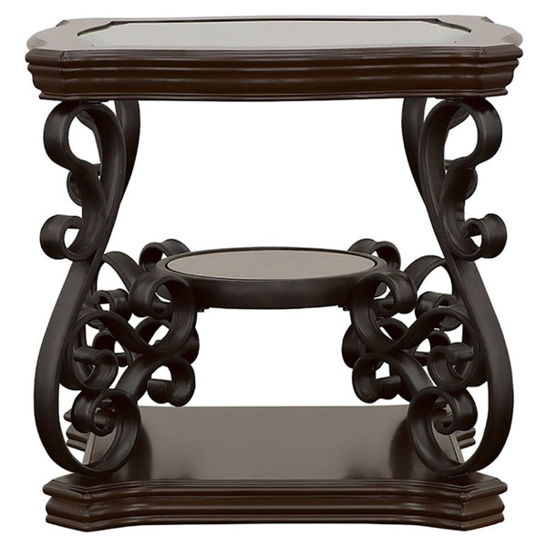 English Elm Bianca Square End Table with Tempered Glass Top Two Shelves and Merlot Wood Finish B2777P536515
