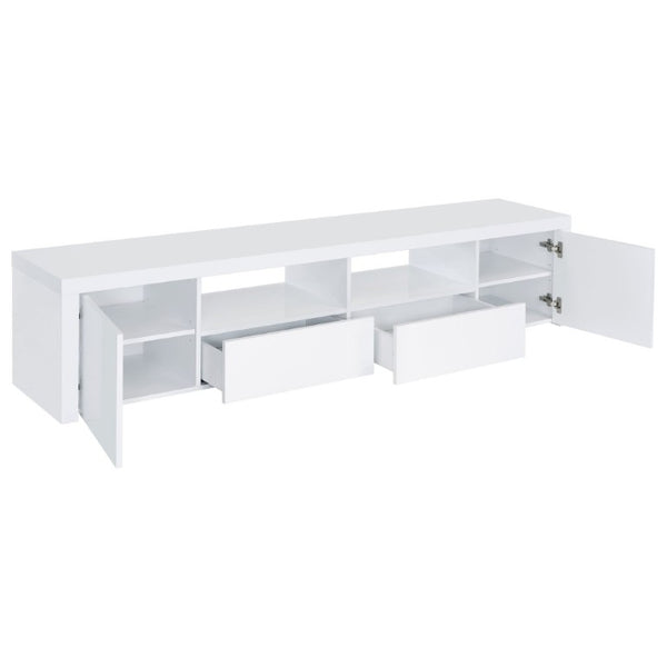 English Elm Garner Gloss White Low Profile TV Console with Open Shelves and Soft Close Drawers B2777P536517